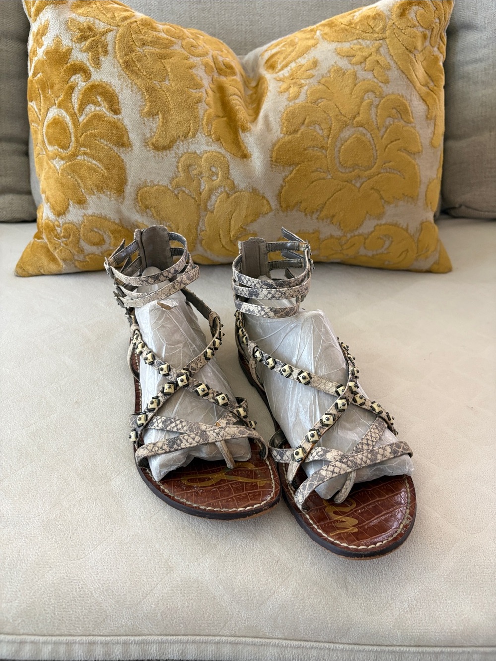 Sam Edelman Snake-Print Studded Gladiator Sandals in Neutral Taupe